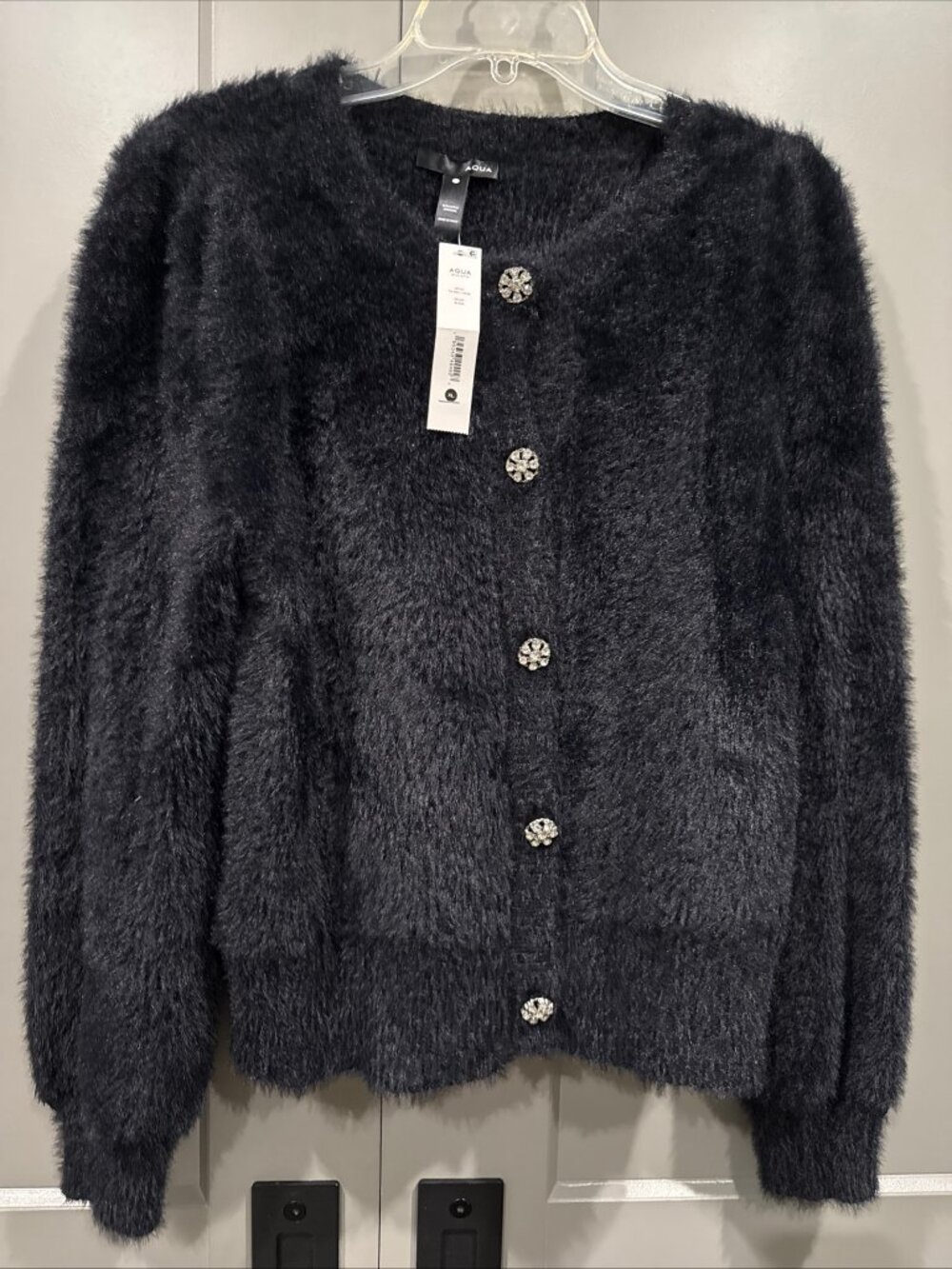AQUA Black Knit Cardigan Sweater Crystal Buttons Acrylic Wool Size L